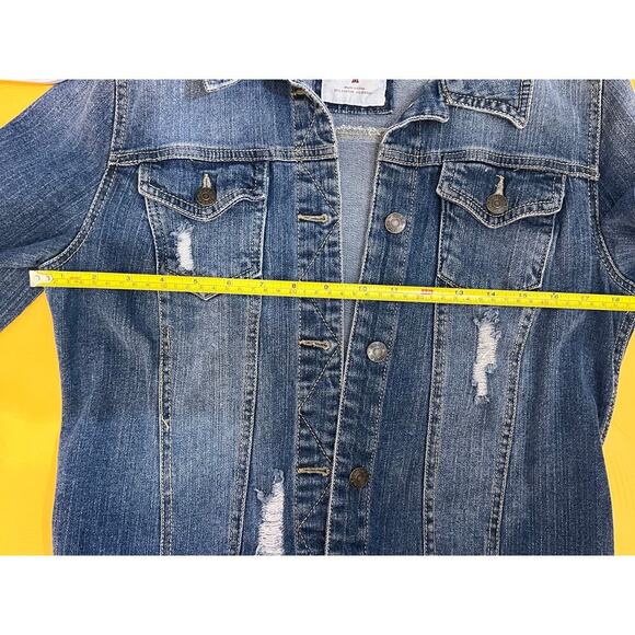 Mudd Sequined Coquette White Baseball Bow Blue Denim Distressed Jean Jacket Sz M - Picture 7 of 8
